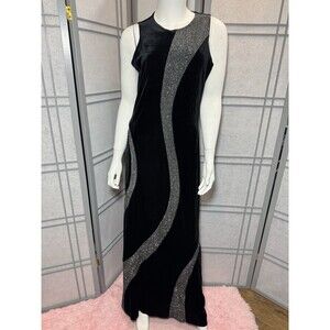 VTG 90s Onyx Nite Black Velvet Silver Sequin Formal Maxi Dress USA Made Sz 8